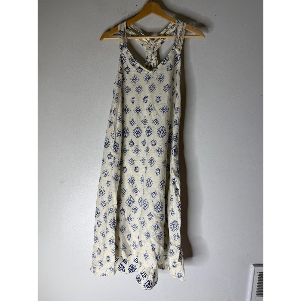 Artisan ny linen blue Diamond Print Braided Racerback Boho Sundress Cream M